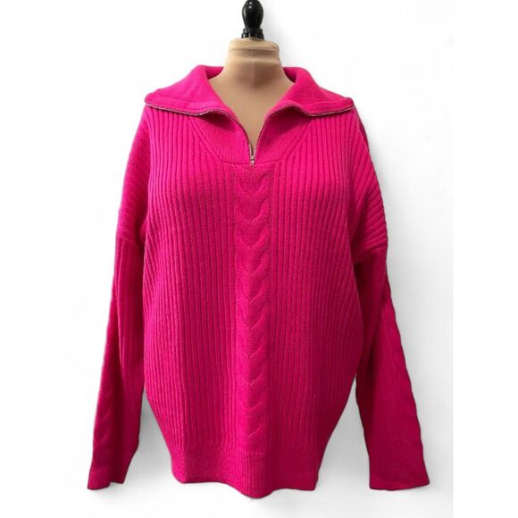 PINK LILY Magenta Pink Quarter Zip Cable Knit Long Sleeve Pullover Sweater, XXXL - Picture 1 of 8